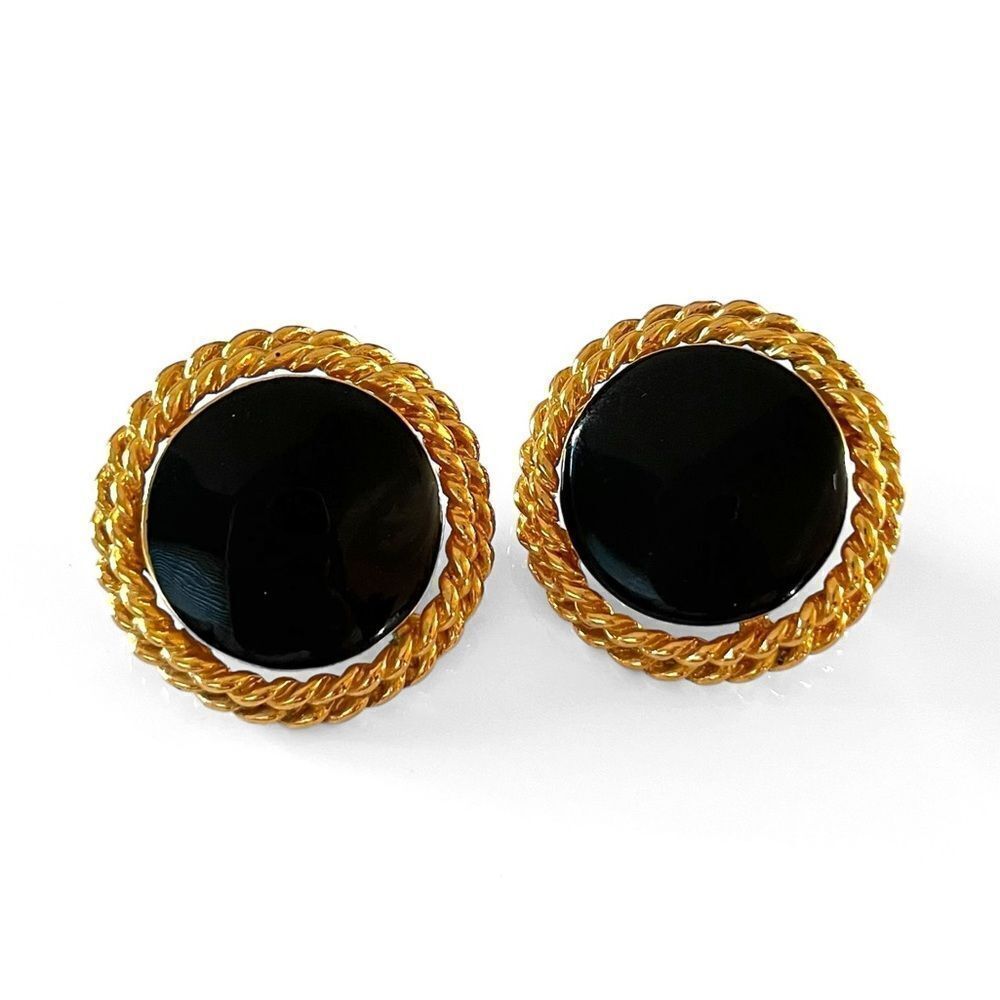 Vintage St. John Gold Rope Black Enamel Circular Earrings